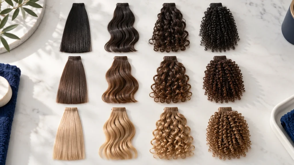 Tabla de tipos de cabello: muestras de cabello desde liso hasta muy rizado dispuestas en una cuadrícula.