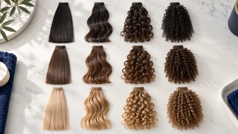 Tabla de tipos de cabello: muestras de cabello desde liso hasta muy rizado dispuestas en una cuadrícula.