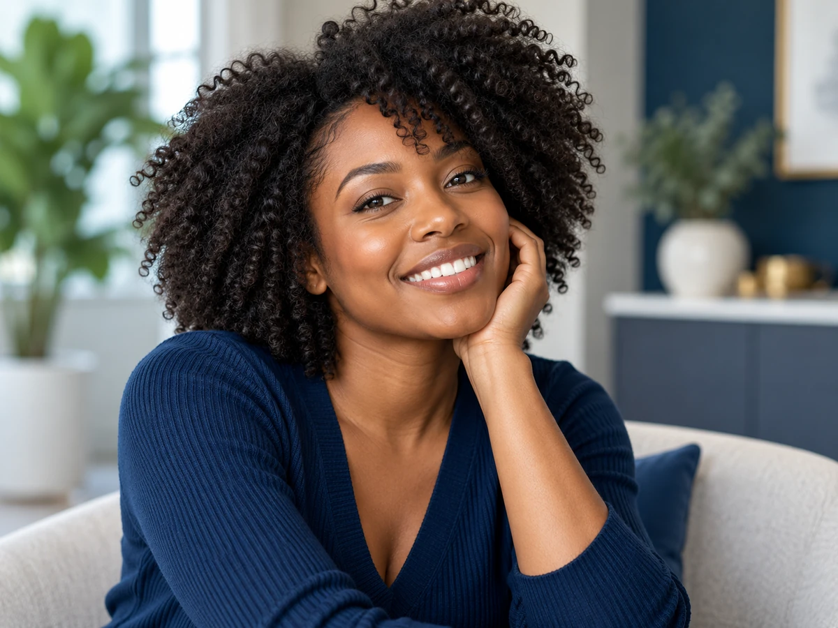 Tabla de tipos de cabello: Explicación de los tipos 1A a 4C Tabla de tipos de cabello: mujer sonriente con cabello natural muy rizado.