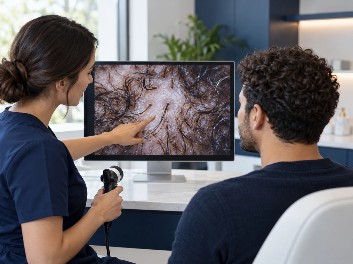 Tabla de tipos de cabello: Explicación de los tipos 1A a 4C Tabla de tipos de cabello: un médico revisa una imagen ampliada del cuero cabelludo en un monitor.