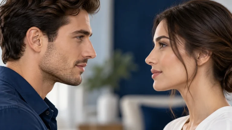 Anatomía de la nariz: hombre y mujer de perfil mirándose el uno al otro.