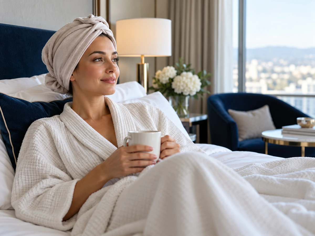 Lifting de frente y ahuecamiento de sienes: opciones que funcionan. Levantamiento de frente: mujer descansando con un suave pañuelo en la cabeza en una suite de hotel.