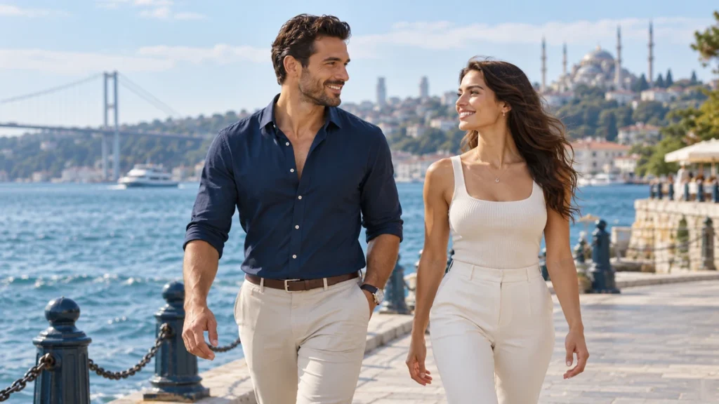 Sollevamento della parte inferiore del corpo: uomo e donna camminano lungo la costa di Istanbul dopo la perdita di peso.