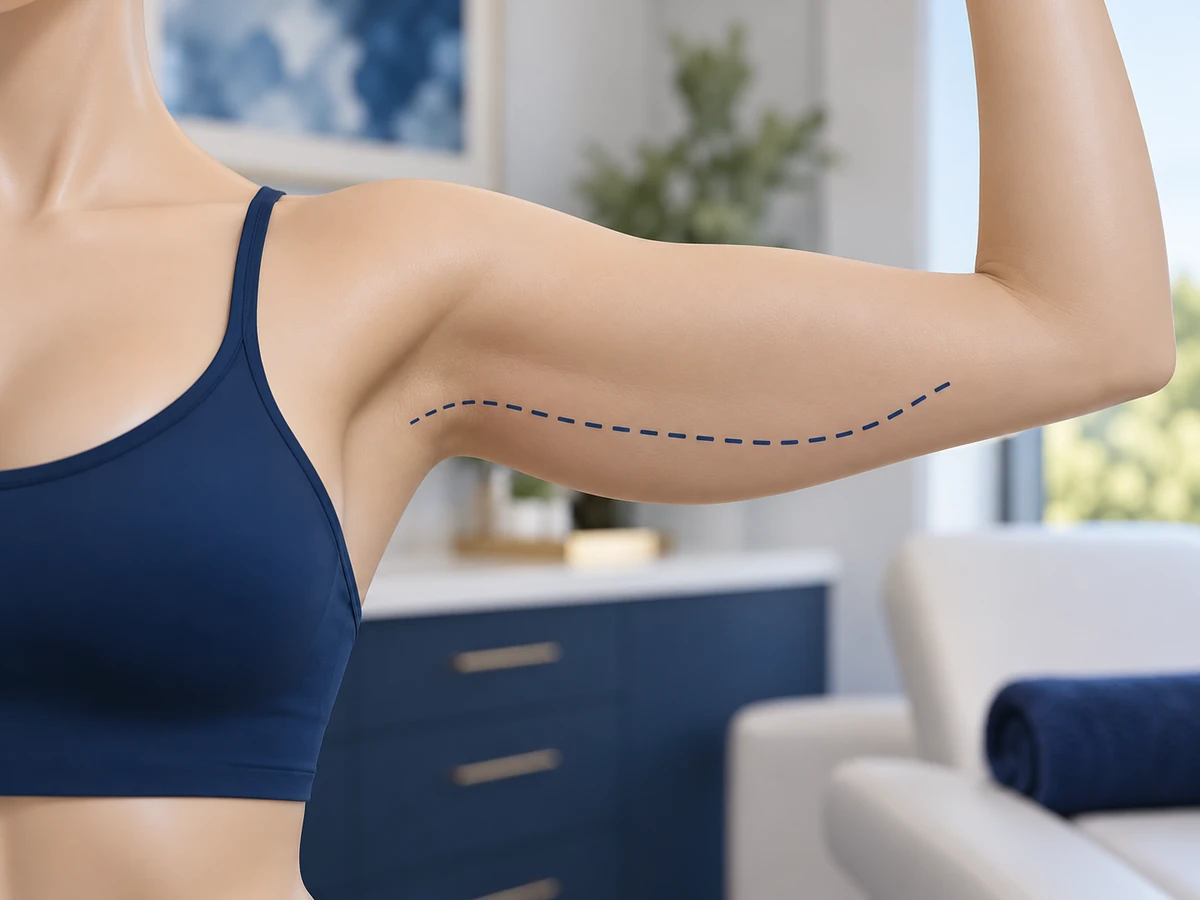 Lifting della parte inferiore del corpo: la parte interna della parte superiore del braccio mostra dove viene praticata l'incisione per il lifting del braccio.