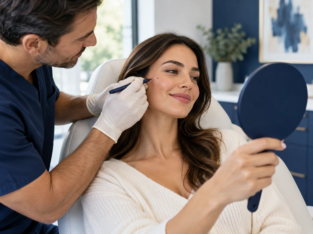 Dimple Creation Surgery: How Dimpleplasty Works how to get dimples – surgeon marking a cheek point while the patient smiles into a mirror