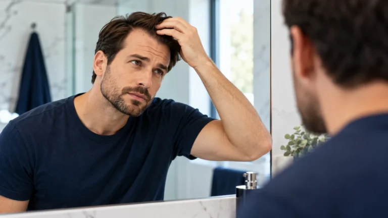 Tratamiento para la caída del cabello: un hombre se examina la línea del cabello en el espejo del baño.