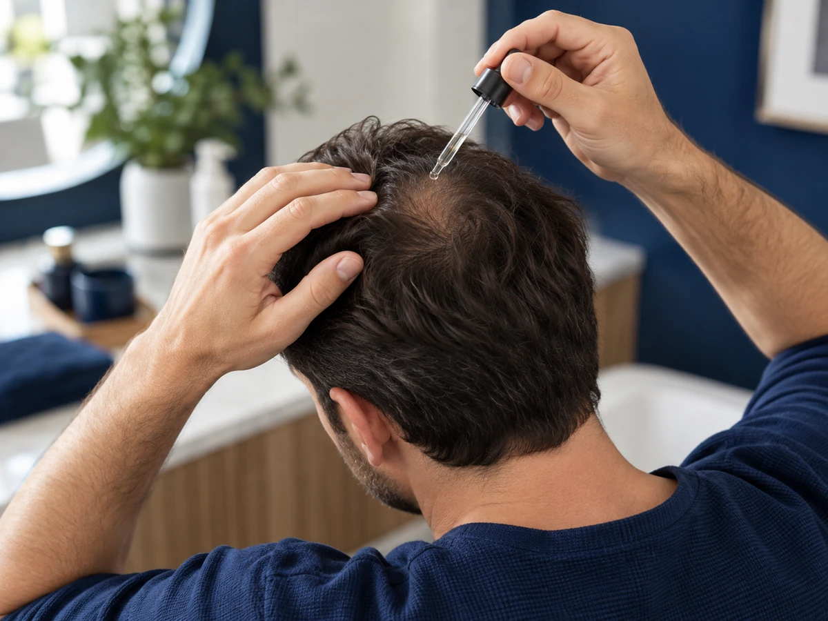 Tratamiento para la caída del cabello: se aplica una solución tópica en la coronilla de un hombre.