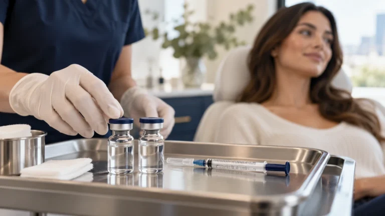 Botox vs. Dysport – ungelabelte Toxinampullen auf einem Tablett in einer Klinik.