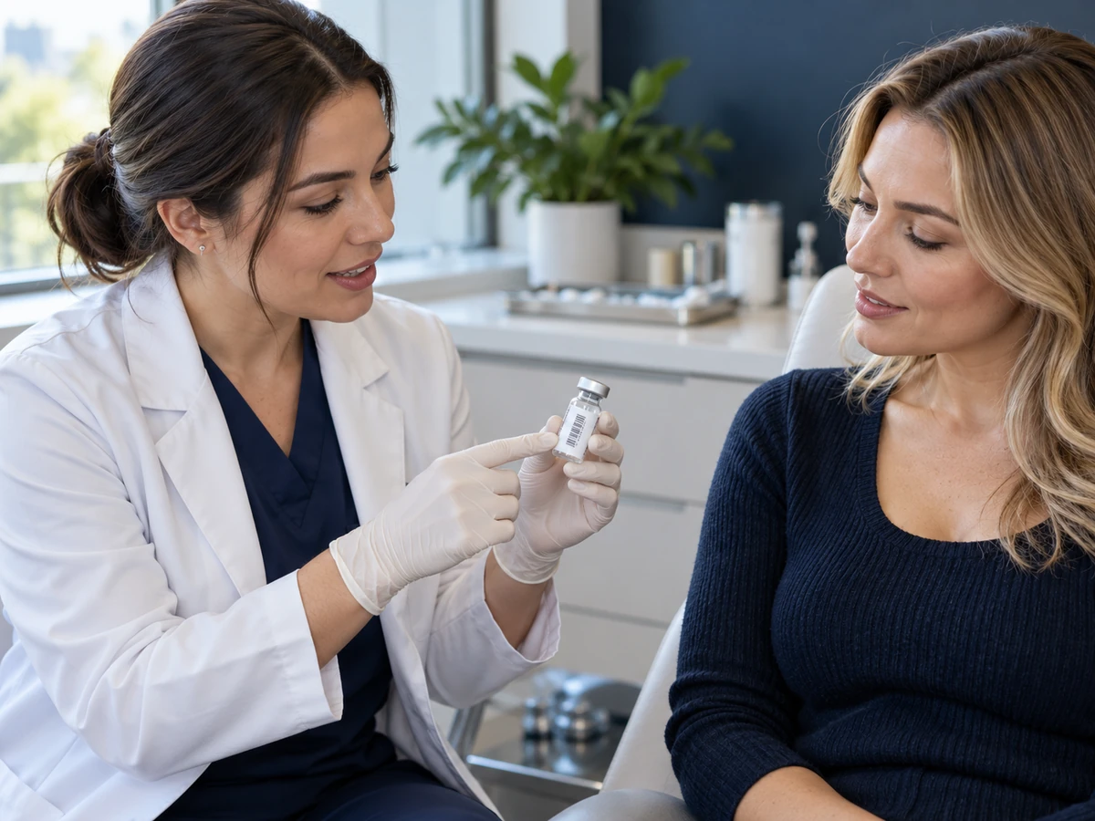 Botox vs. Dysport: Kosten pro Einheit, Wirkungsdauer und Ergebnisse Botox vs. Dysport – Arzt zeigt einem Patienten eine versiegelte Ampulle und das Chargenetikett.