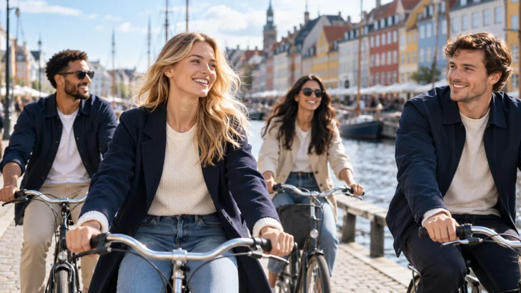Caratteristiche scandinave: amici in bicicletta lungo un canale di Copenaghen in una giornata di sole.