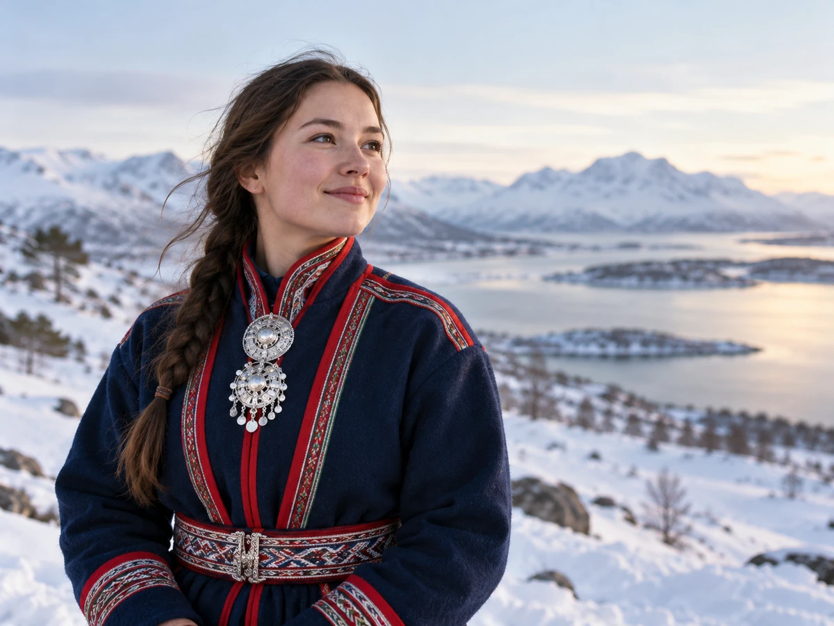 Caratteristiche del viso scandinave e nordeuropee Caratteristiche scandinave: donna sami in abito tradizionale in un paesaggio innevato della Lapponia.