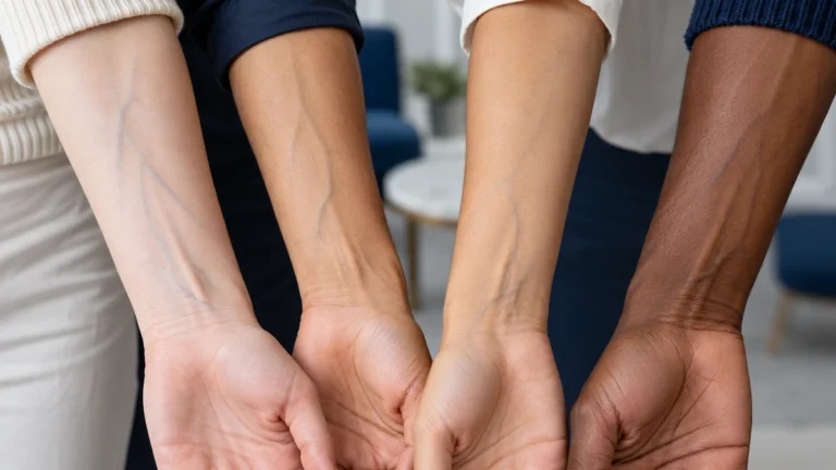 Qual è il mio tono di pelle? – Polsi di diverse tonalità di pelle affiancati che mostrano le vene in evidenza.