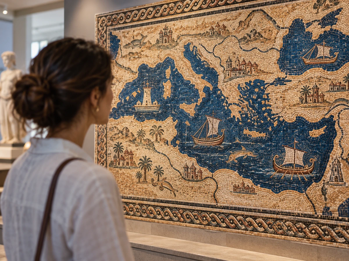 Rasgos faciales mediterráneos y del sur de Europa Pueblos mediterráneos: mapa antiguo del Mediterráneo en un museo.