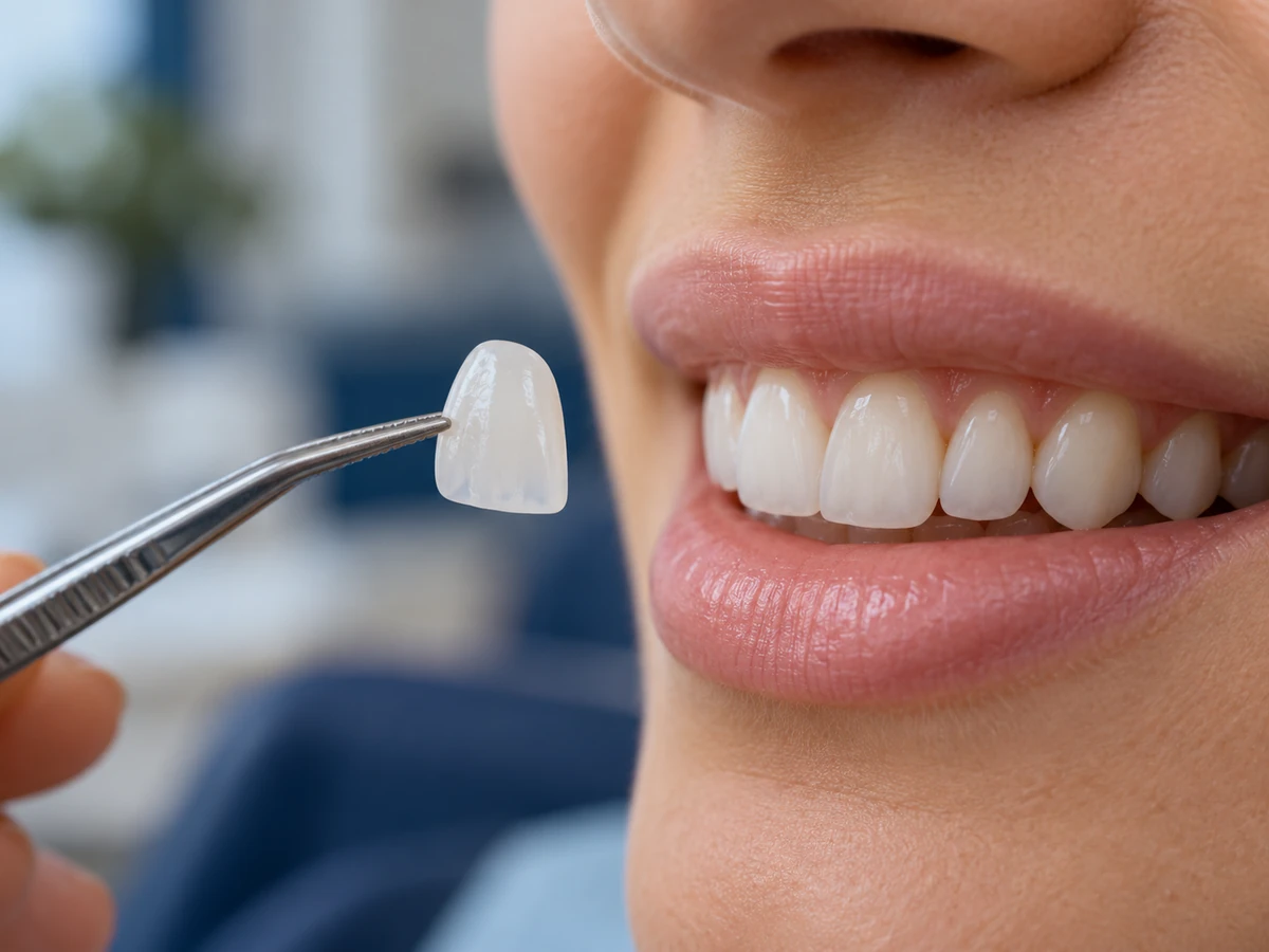 Veneers und Zahnkorrekturen bei Prominenten: Vorher und Nachher Veneers bei Prominenten – ein dünnes Porzellanveneer, das mit einer Pinzette neben einem Lächeln gehalten wird