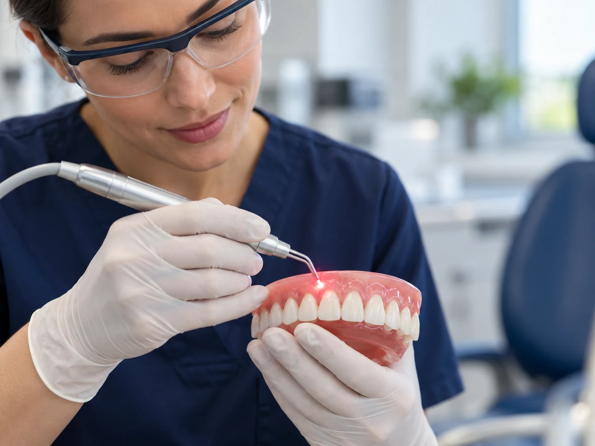 Veneers und Zahnkorrekturen bei Prominenten: Vorher und Nachher Veneers für Prominente – Zahnarzt arbeitet an einem Zahnmodell