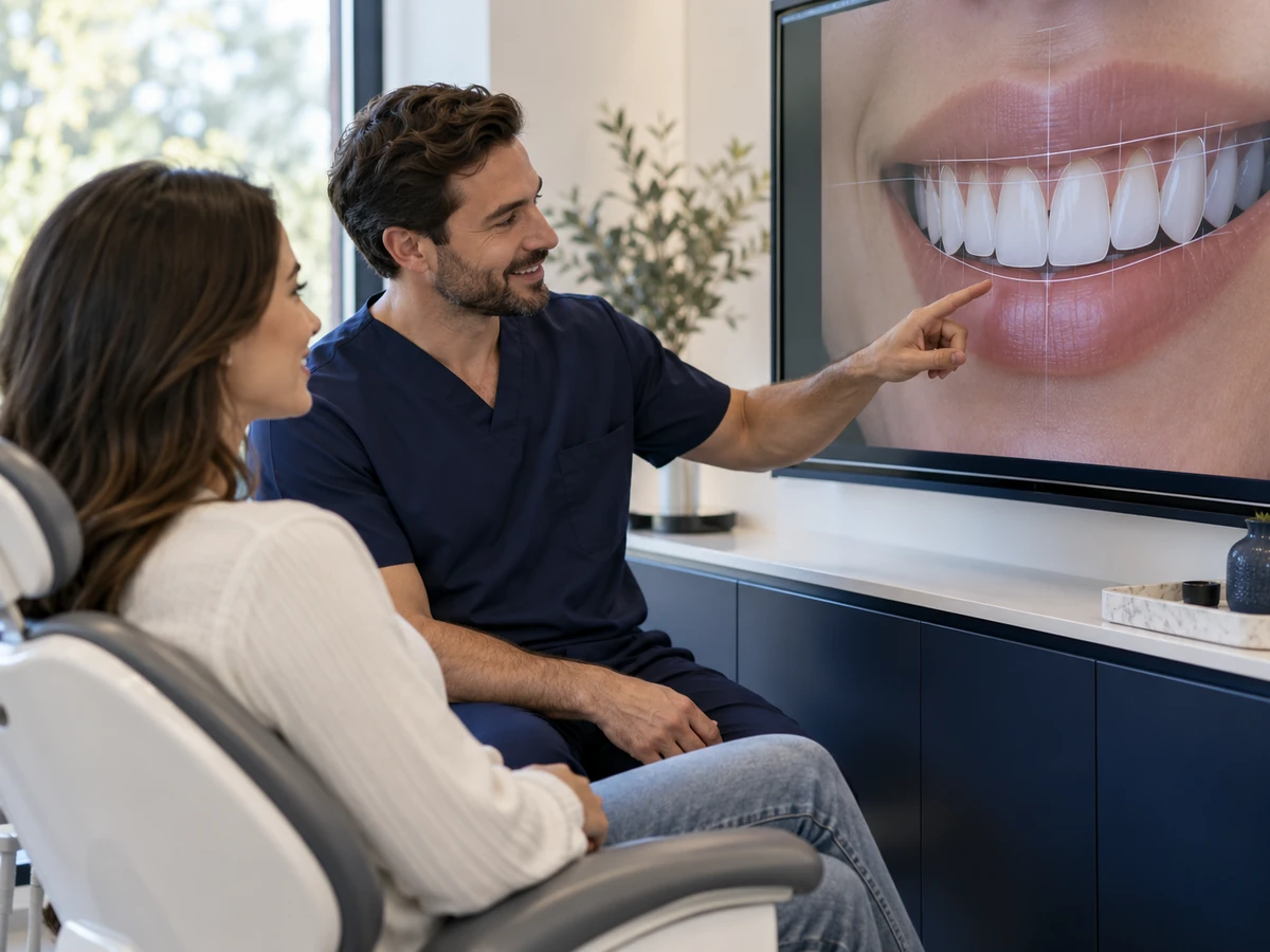 Veneers und Zahnkorrekturen bei Prominenten: Vorher und Nachher Veneers für Prominente – Zahnarzt zeigt einem Patienten ein digitales Lächeln-Design auf dem Bildschirm