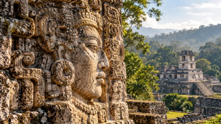 Tratti somatici maya – antiche sculture in pietra maya a Palenque