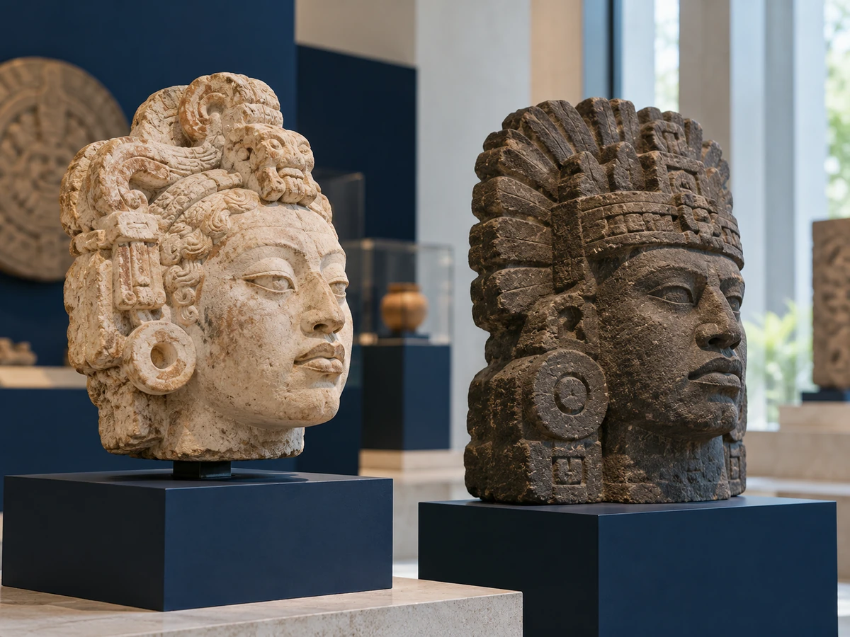 Rasgos faciales alrededor del mundo: Asia y América Rasgos faciales mayas: exhibición en museo de una cabeza maya y una escultura de piedra azteca.