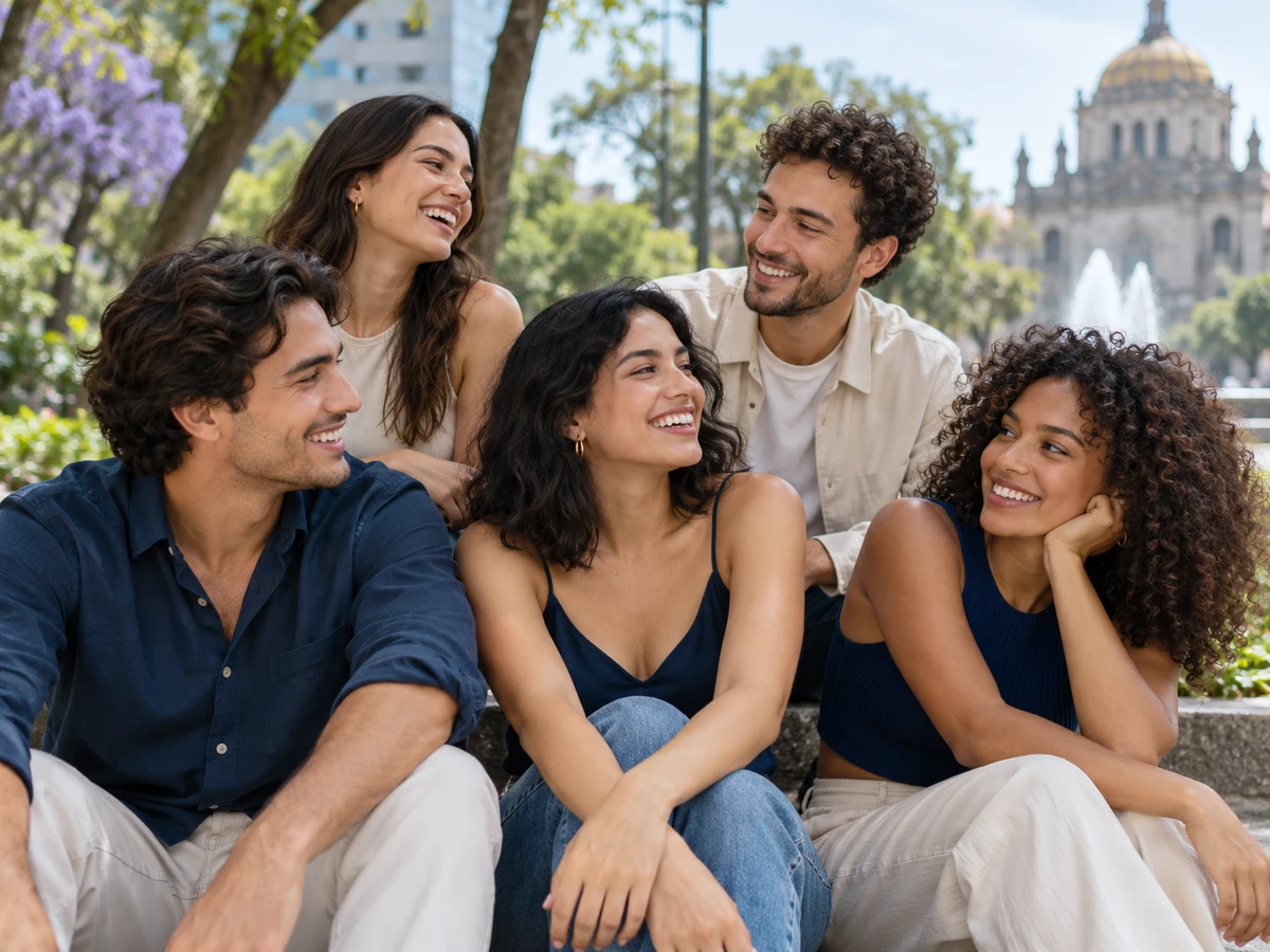 Rasgos faciales alrededor del mundo: Asia y América Rasgos faciales mayas: un grupo diverso de amigos en un parque de la Ciudad de México.