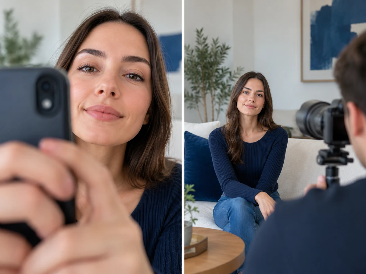 Gesichtsasymmetrie: Ursachen, Tests und Behandlungsmöglichkeiten Asymmetrisches Gesicht – Nahaufnahme einer Selfie-Kamera im Vergleich zu einer Porträtkamera aus der Ferne