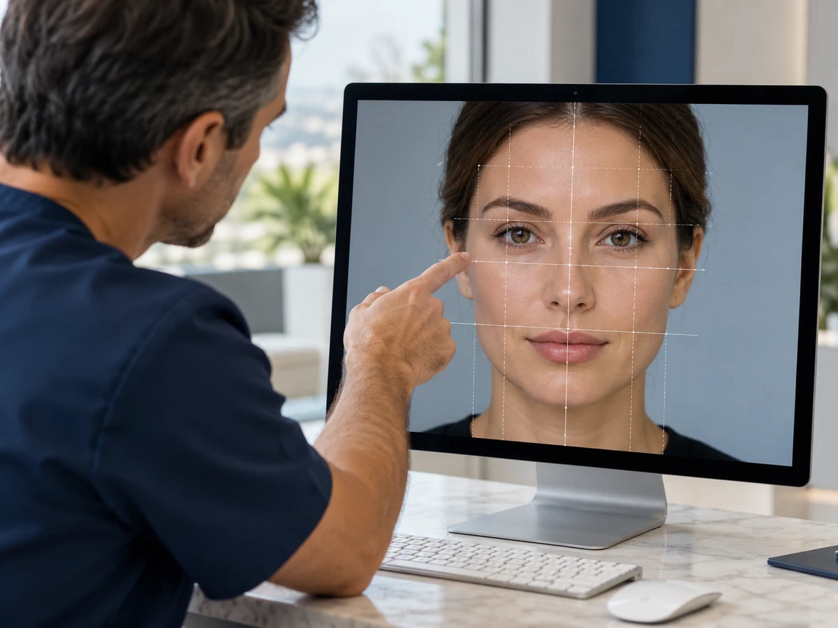 Gesichtsasymmetrie: Ursachen, Tests und Behandlungsmöglichkeiten Asymmetrisches Gesicht – Chirurg legt ein Symmetrieraster über ein Patientenfoto