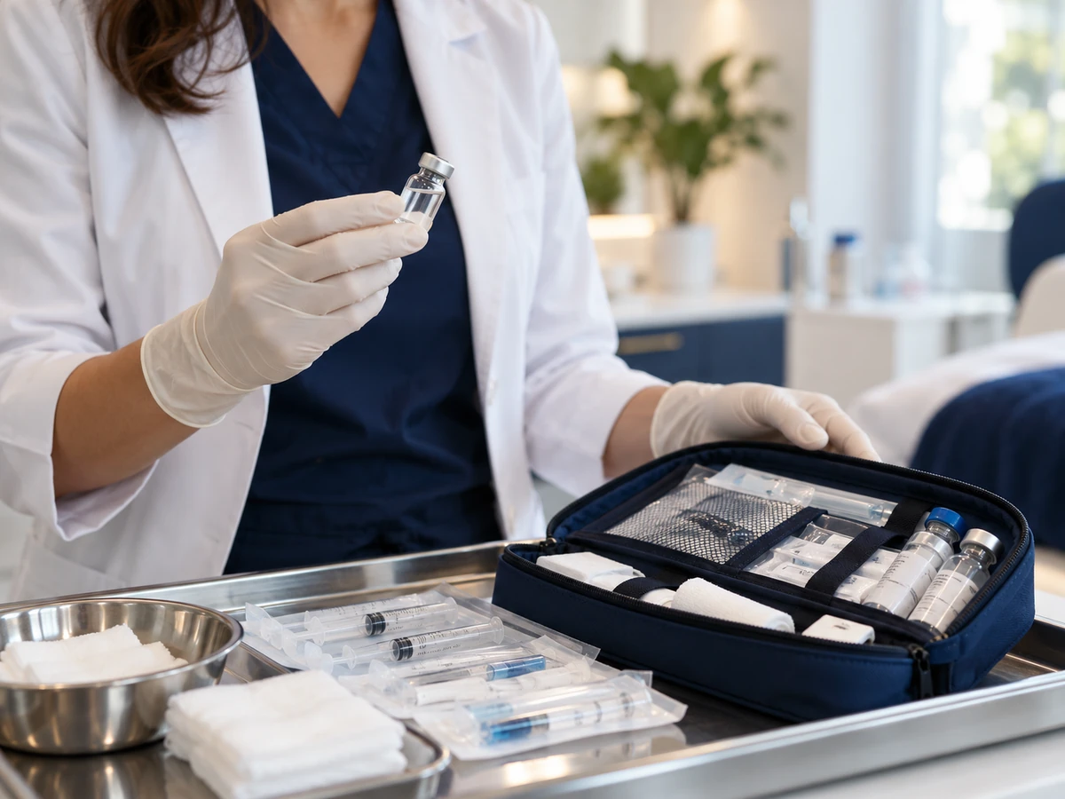 Flüssige Nasenkorrektur in der Türkei: 10 beruhigende Erkenntnisse vor Ihrer Transformation Flüssige Nasenkorrektur in der Türkei – Arzt bereitet ein Sicherheitsset auf einem Tablett in der Klinik vor