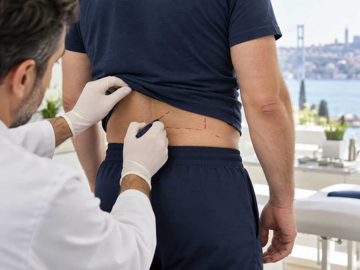 360 liposuction Türkiye – cerrahın hastanın beline ameliyat öncesi işaretler çizmesi