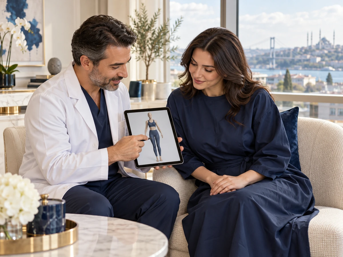 Fat Transfer Breast Augmentation Turkey: 8 Confidence-Boosting Insights Before Your Transformation fat transfer breast augmentation turkey – surgeon and patient reviewing a 3D body simulation on a tablet