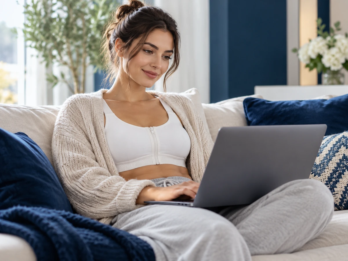 Fat Transfer Breast Augmentation Turkey: 8 Confidence-Boosting Insights Before Your Transformation fat transfer breast augmentation turkey – woman resting at home in a supportive post-surgical bra