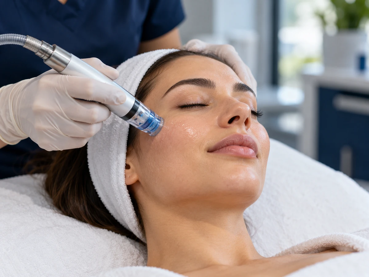 Hydrafacial Türkei: 12 wichtige Erkenntnisse vor Ihrer Behandlung Hydrafacial-Truthahn – das Hydradermabrasions-Handstück gleitet über die Wange eines Kunden.
