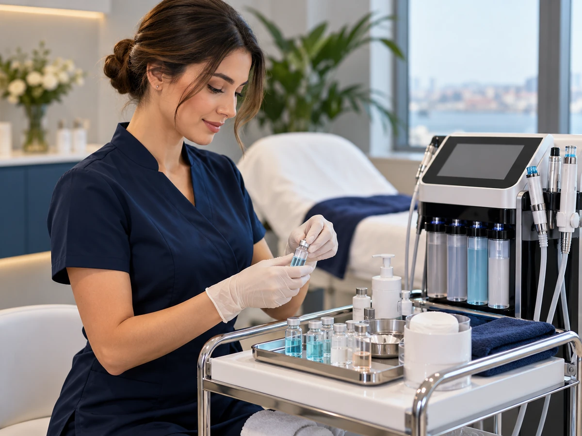 Hydrafacial Türkei: 12 wichtige Erkenntnisse vor Ihrer Behandlung Hydrafacial-Behandlung in der Türkei – Kosmetikerin bereitet Seren und ein Hydrafacial-Gerät vor