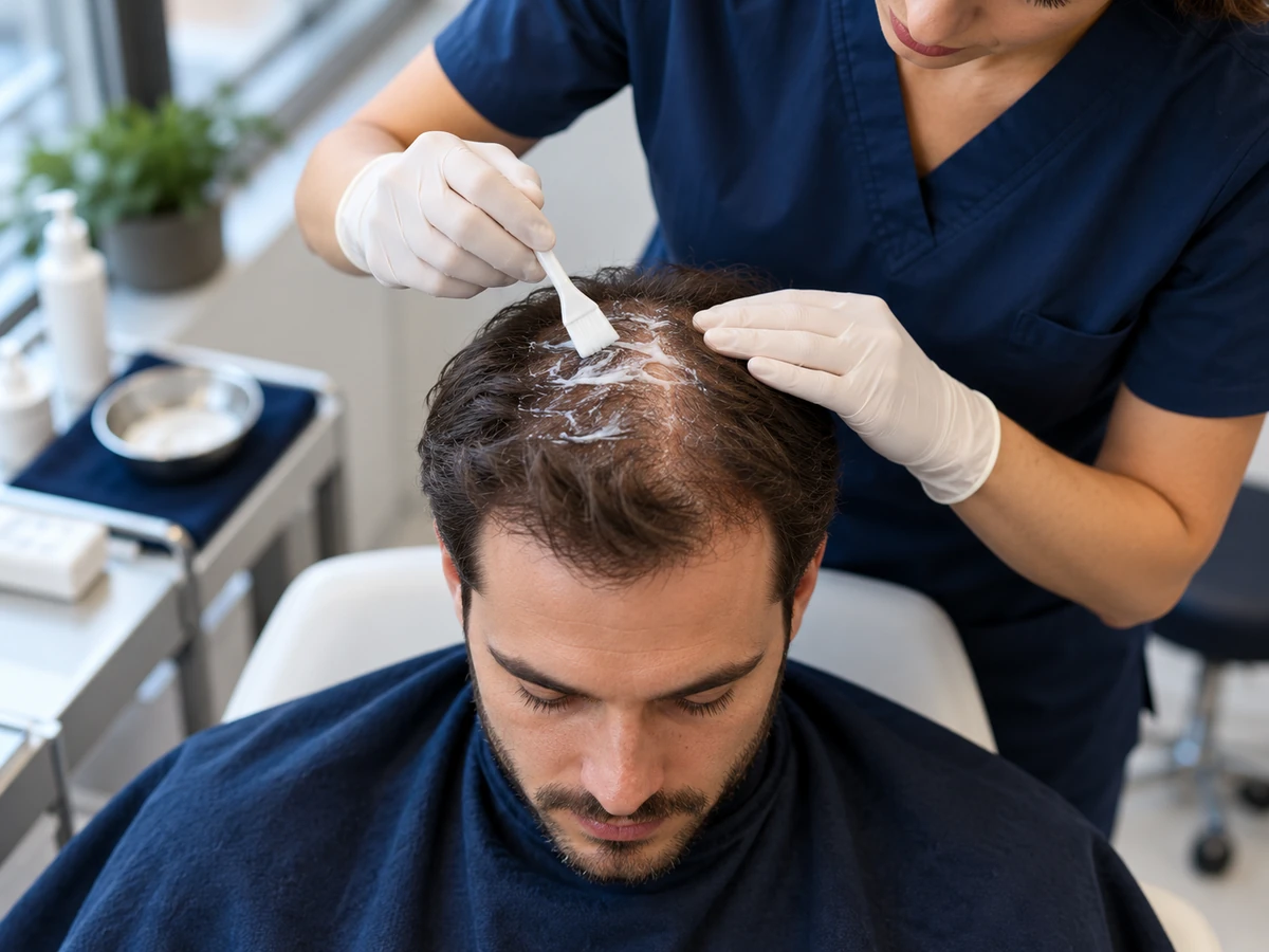 PRP Hair Treatment Turkey: 9 Reassuring Insights Before Your Transformation prp hair treatment turkey – clinician applying numbing cream to the scalp before PRP