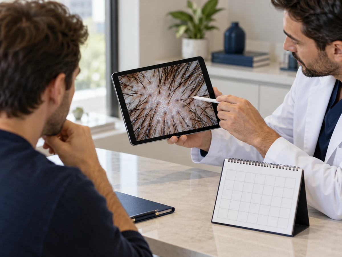 PRP Hair Treatment Turkey: 9 Reassuring Insights Before Your Transformation prp hair treatment turkey – doctor reviewing hair density progress on a tablet with a patient