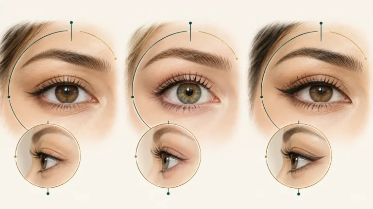 Illustration von Mandel-, Reh- und Sirenenaugenformen von vorn mit seitlichen Profilansichten, die den Winkel jedes Auges zeigen