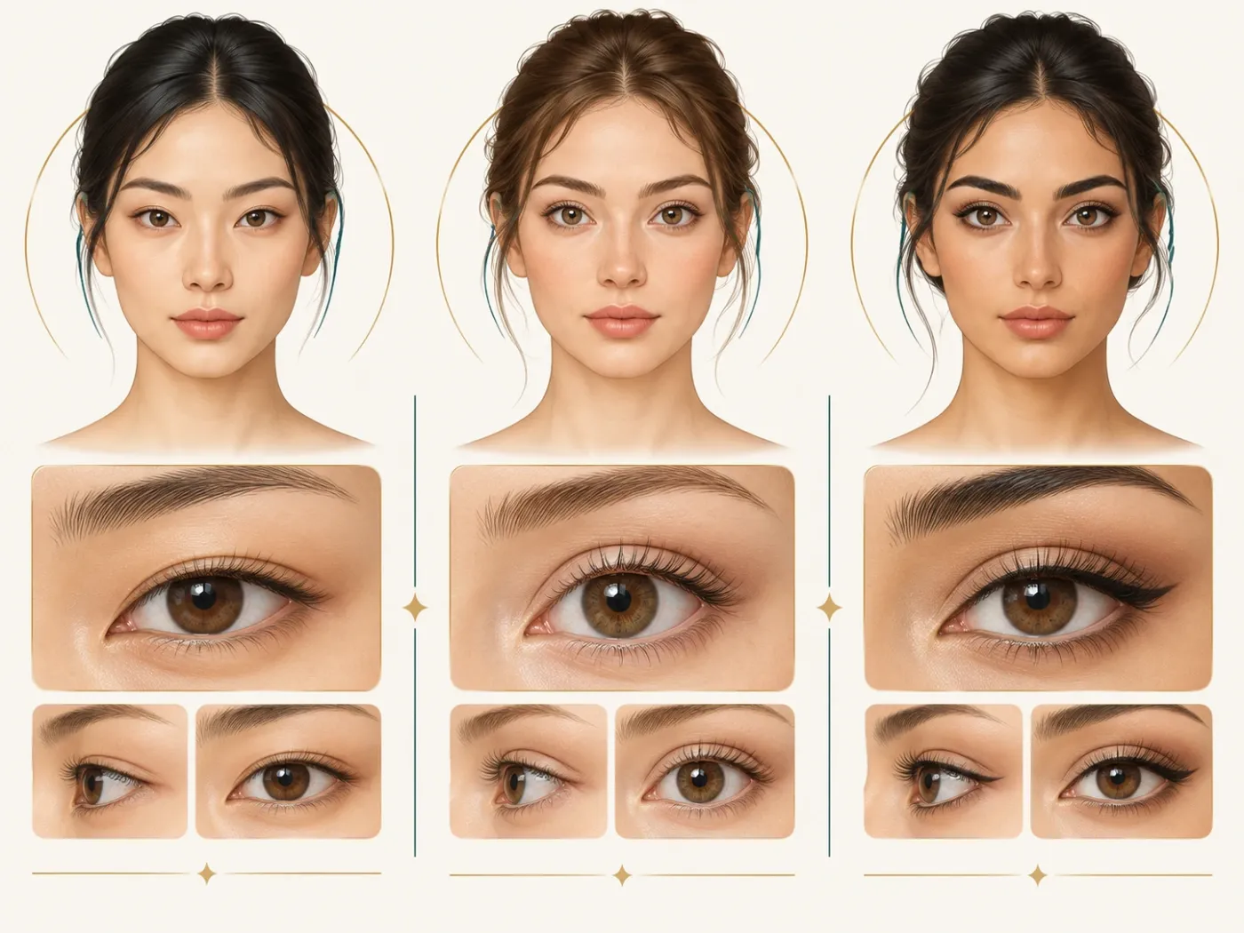 Mandelaugen vs. Rehaugen vs. Sirenenaugen: Welche Augenfarbe haben Sie? Mandel-, Reh- und Sirenenaugen: Illustration von drei Frauen mit Mandel-, Reh- und Sirenenaugen, mit Nahaufnahmen der jeweiligen Augenform und passenden Eyeliner-Stilen