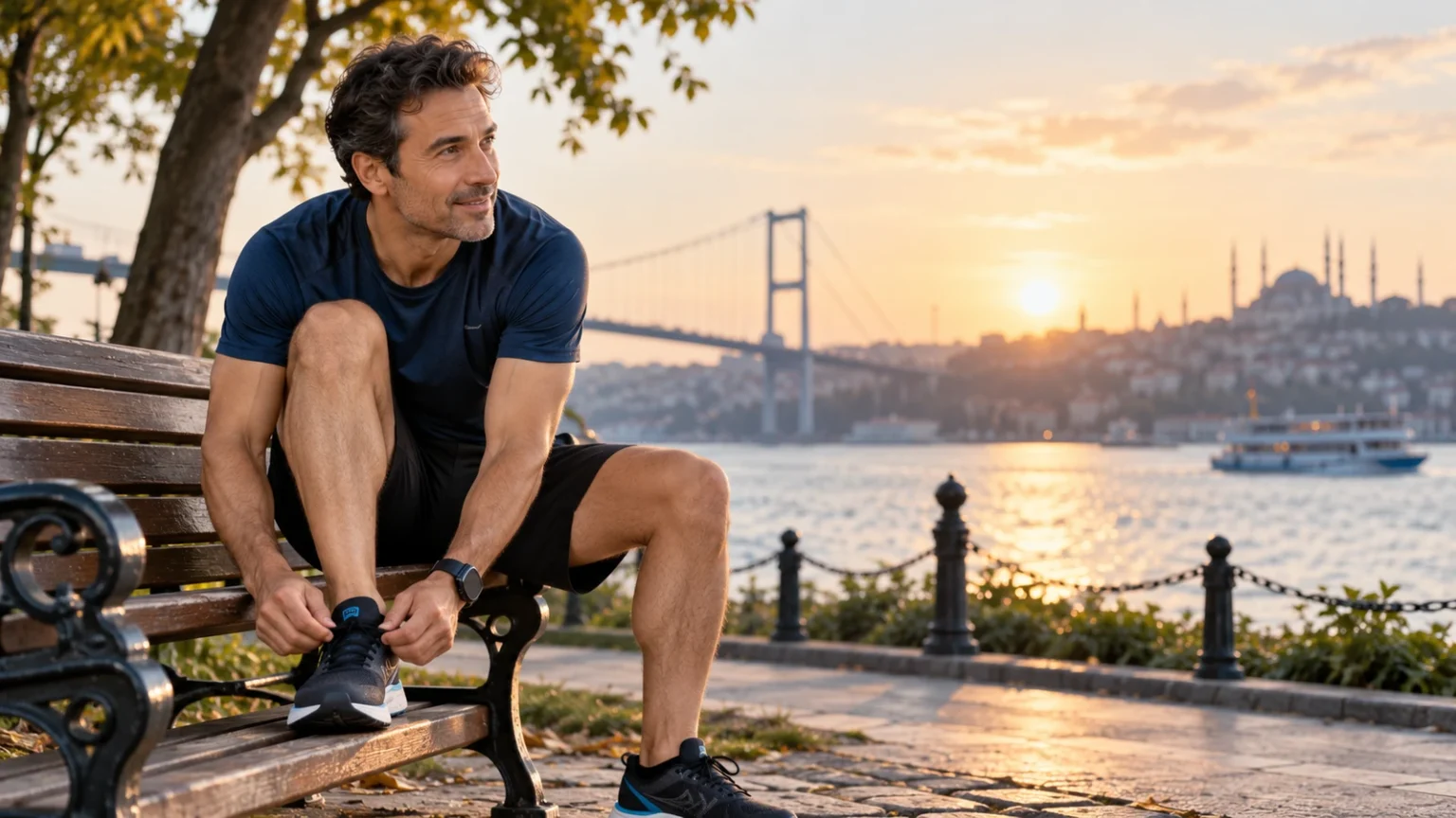 İstanbul'da bir park bankında oturan yetişkin bir adamın koşu ayakkabılarını bağlamasını gösteren yapay zeka tarafından oluşturulmuş illüstrasyon.