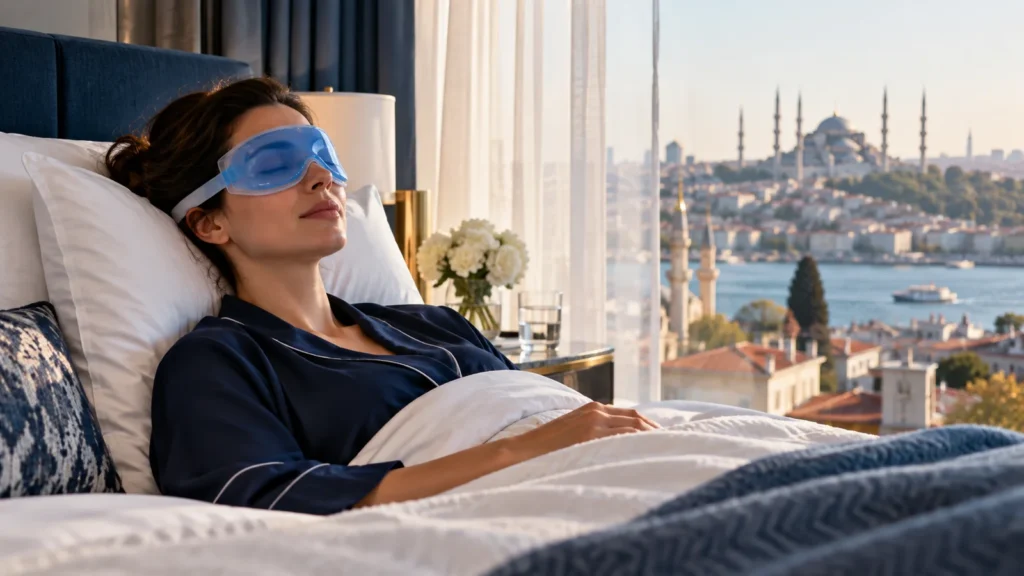 Ooglidcorrectie in Turkije: 9 inzichten die uw zelfvertrouwen een boost geven vóór uw transformatie Illustratie van een patiënt die rust met een koud oogkompres tijdens het herstel na een ooglidcorrectie.
