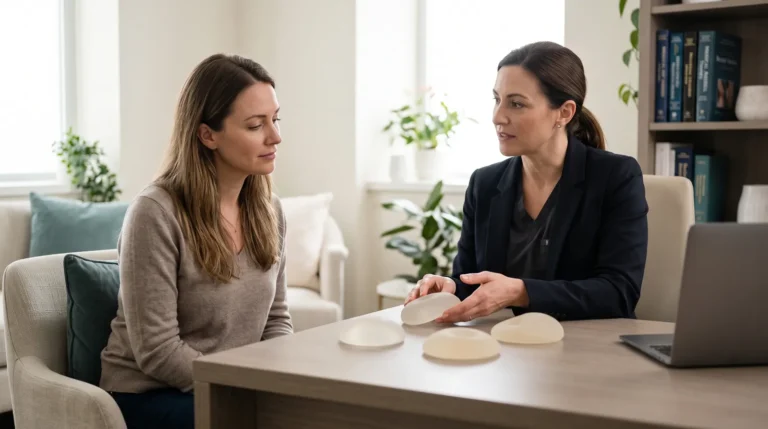 Patientin und Arzt besprechen Demonstrationsmodelle für Brustimplantate.