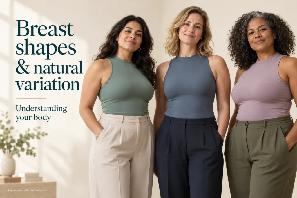 Tipi e forme del seno: 10 descrizioni comuni spiegate Tre donne di età e corporatura diverse, in piedi insieme, con indosso top aderenti senza maniche e pantaloni.
