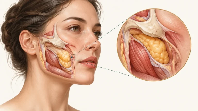 Illustration eines Frauengesichts mit Darstellung des Wangenfettpolsters im Inneren der Wange und vergrößerter anatomischer Detailansicht.