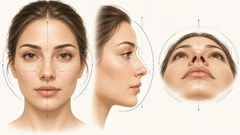 Ilustración de una nariz bulbosa evaluada desde las vistas frontal, lateral y basal antes de la planificación de la rinoplastia.