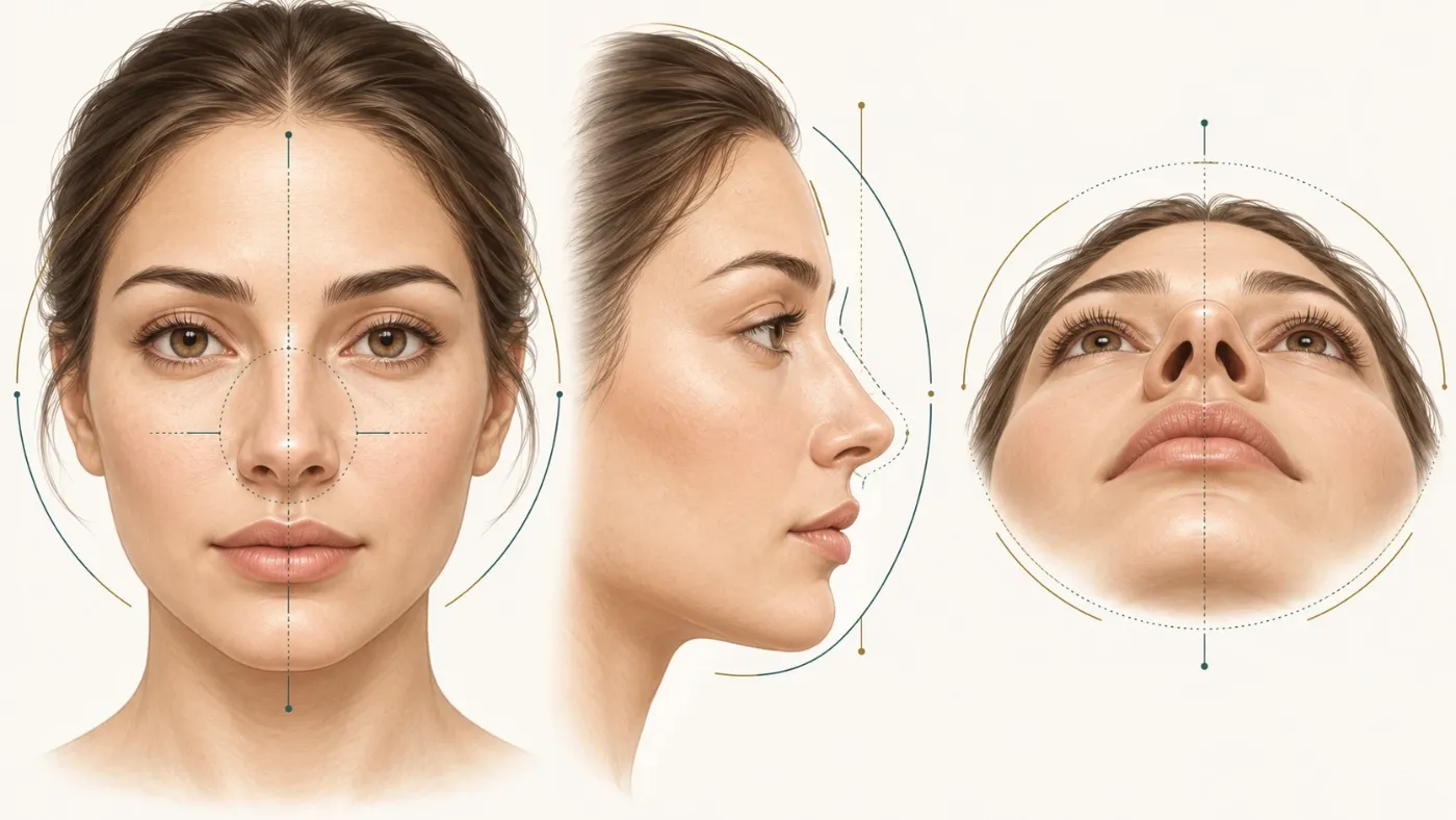 Rinoplastica di revisione in Turchia – Illustrazione del prima e dopo la rinoplastica per naso bulboso Rinoplastica di revisione in Turchia presso la Vivid Clinic di Istanbul: illustrazione di un naso bulboso valutato frontalmente, lateralmente e alla base.