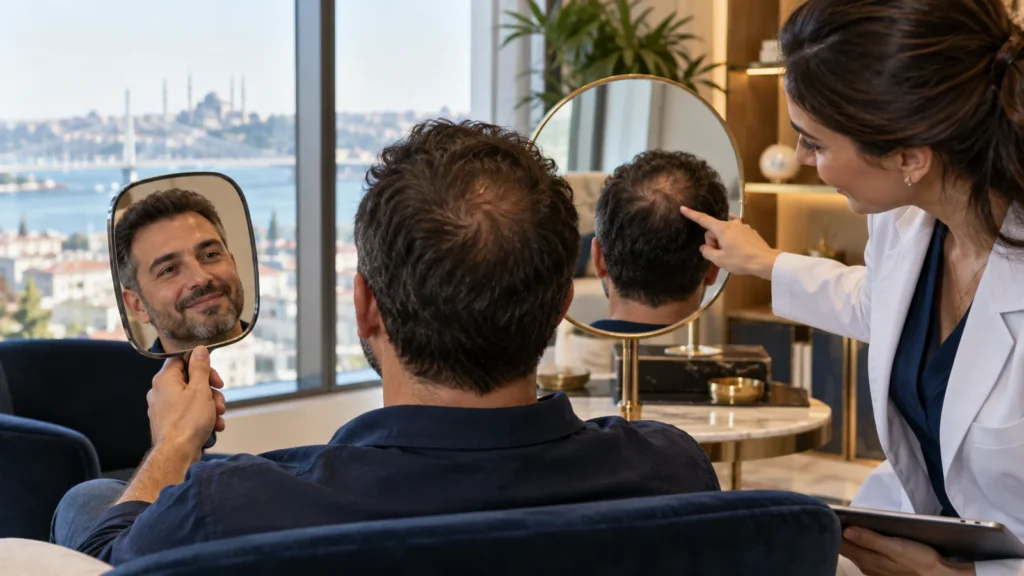 Crown Hair Transplant Turkey: 7 Expert Insights Before Your Transformation Illustration of a man viewing thinning hair at his crown using two mirrors during a consultation