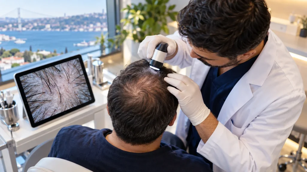 Illustration of a crown hair transplant Turkey scalp assessment with a handheld dermatoscope