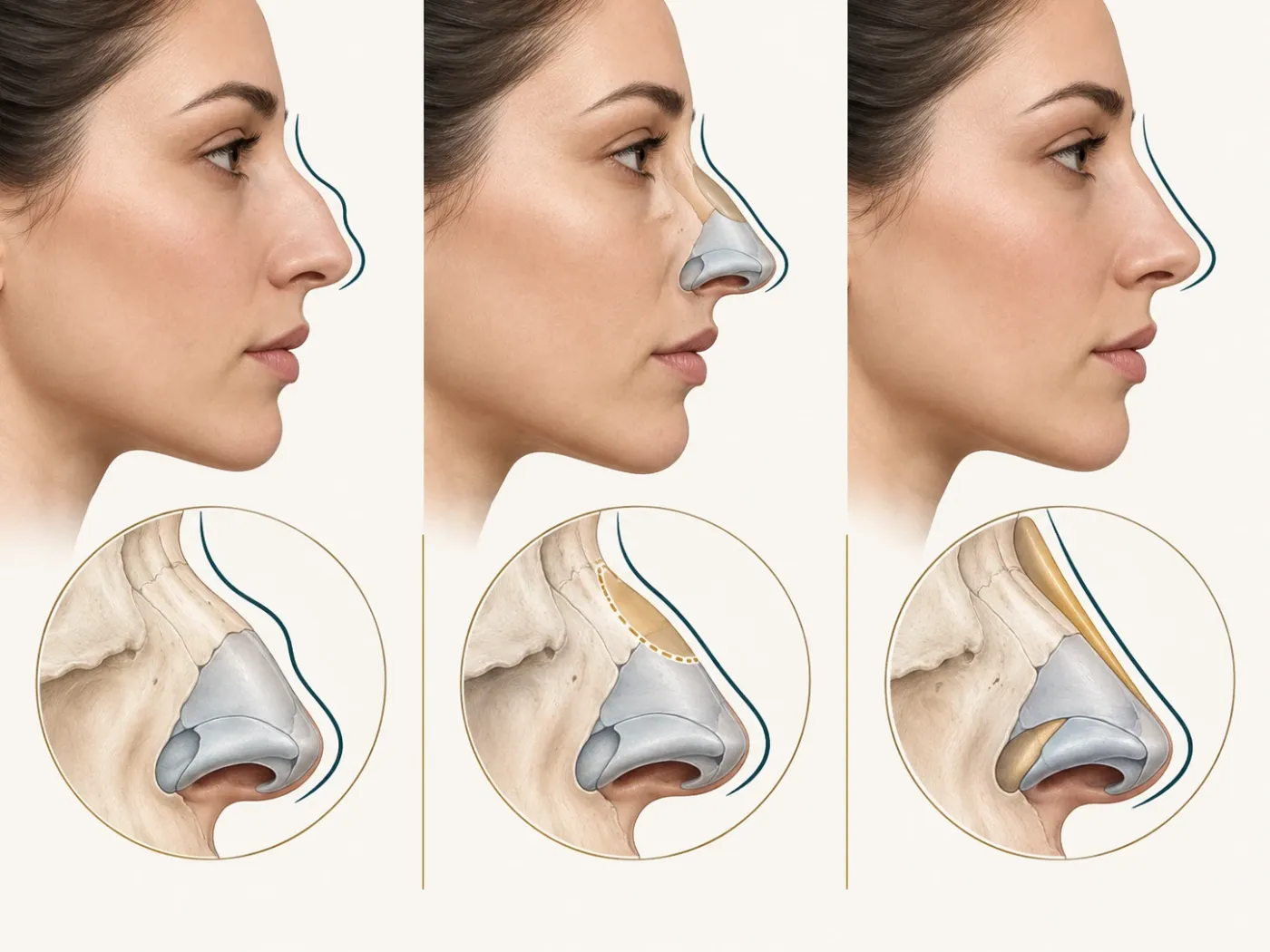 Burun sırtındaki kamburluğu, dolgu maddesiyle yapılan cerrahi olmayan burun estetiğini ve cerrahi rinoplastiyi karşılaştıran, burun kemiği diyagramlarıyla birlikte profilden bir illüstrasyon.