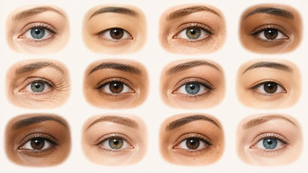 Illustrierte Augenformen-Tabelle mit zwölf natürlichen Augentypen in verschiedenen Hauttönen