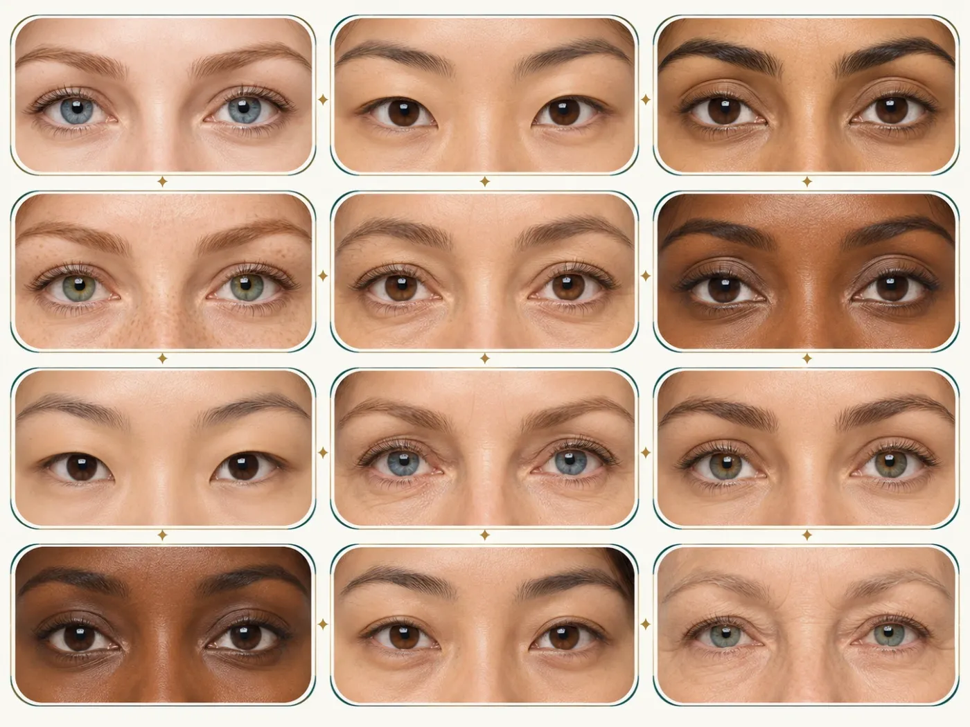 Augenformen: 12 Typen erklärt mit einer Tabelle Illustrierter Vergleich der Augenformen, einschließlich mandelförmiger, runder, Schlupflider, Monolid-, aufsteigender und absteigender Augen