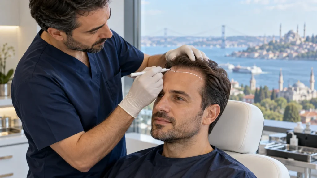 Illustrazione di uno specialista che traccia l'attaccatura dei capelli prima di un trapianto di capelli FUE in Turchia.
