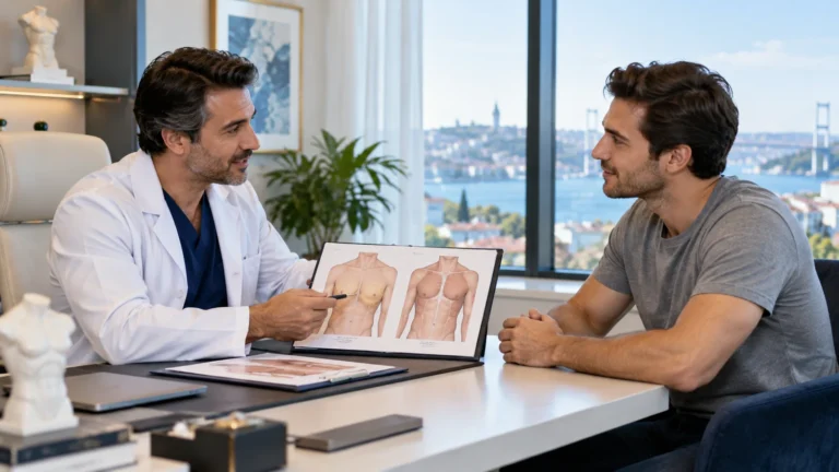 Illustration einer Beratung zwischen einem Chirurgen und einem männlichen Patienten bei einer Gynäkomastie-Operation in der Türkei