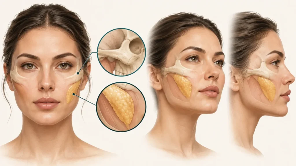 Illustration of a woman's face with high cheekbones and close-ups of the cheekbone and cheek fat pad